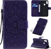 Voor Samsung Galaxy A11 reliÃ«f zonnebloem patroon horizontale flip pu lederen tas met houder & kaartsleuven & portemonnee & lanyard (paars)