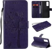 Voor Huawei Honor 30 Tree & Cat reliÃ«fpatroon Horizontale flip lederen tas met houder & kaartsleuven & portemonnee en lanyard (paars)