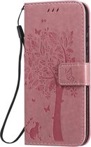 Voor Huawei P Smart 2020 Tree & Cat reliÃ«fpatroon Horizontale flip lederen tas met houder & kaartsleuven & portemonnee & draagkoord (roze)