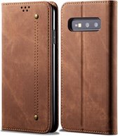 Voor Galaxy S10e denim textuur casual stijl horizontale flip lederen tas met houder en kaartsleuven en portemonnee (bruin)