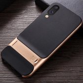 Voor Galaxy M10 geruite textuur antislip TPU + pc-hoes met houder (goud)