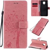 Voor Xiaomi Redmi Note 9 Pro Tree & Cat reliÃ«fpatroon Horizontale flip lederen tas met houder & kaartsleuven & portemonnee & lanyard (roze)