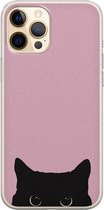 iPhone 12 Pro hoesje - Zwarte kat - Soft Case Telefoonhoesje - Print - Roze