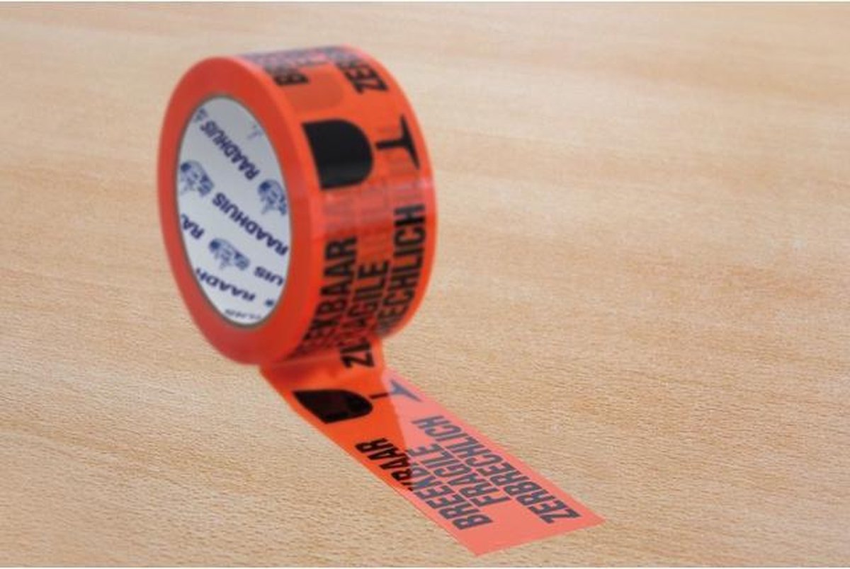 Raadhuis verpakkingstape - 50mmx66m - oranje - breekbaar - RD-351159