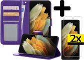 Hoesje Geschikt voor Samsung S21 Ultra Hoesje Book Case Hoes Wallet Cover Met 2x Screenprotector - Hoes Geschikt voor Samsung Galaxy S21 Ultra Hoesje Bookcase Hoes - Paars