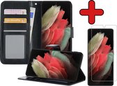 Samsung S21 Ultra Hoesje Book Case Met Screenprotector - Samsung Galaxy S21 Ultra Hoesje Wallet Case Portemonnee Hoes Cover - Zwart