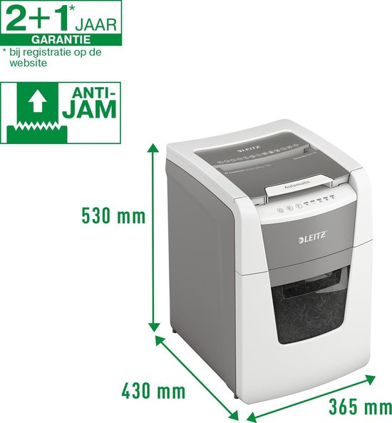 Grijze en witte Leitz papierversnipperaar met "ANTI-JAM" logo. Afmetingen: 530 mm, 430 mm, 365 mm. "2+1 jaar garantie" logo.