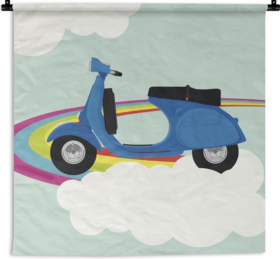 Illustration de la tapisserie Vespa - Illustration d'une Vespa bleue sur un arc-en-ciel Tapisserie en coton 90x90 cm - Tapisserie avec photo