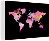 Canvas Wereldkaart - 60x40 - Wanddecoratie Wereldkaart - Waterverf - Roze