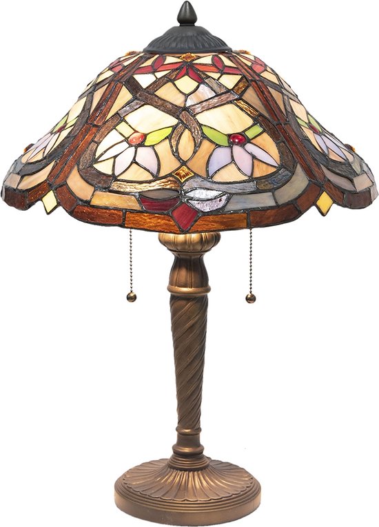 LumiLamp Tiffany Tafellamp Ø 40x54 cm Bruin Rood Glas Tiffany Bureaulamp