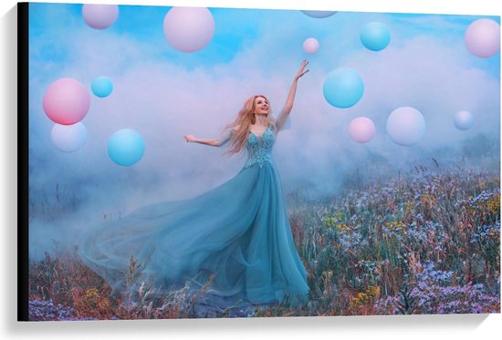 Canvas  - Vrouw in Bloemenveld met Pastel Ballonnen - 90x60cm Foto op Canvas Schilderij (Wanddecoratie op Canvas)