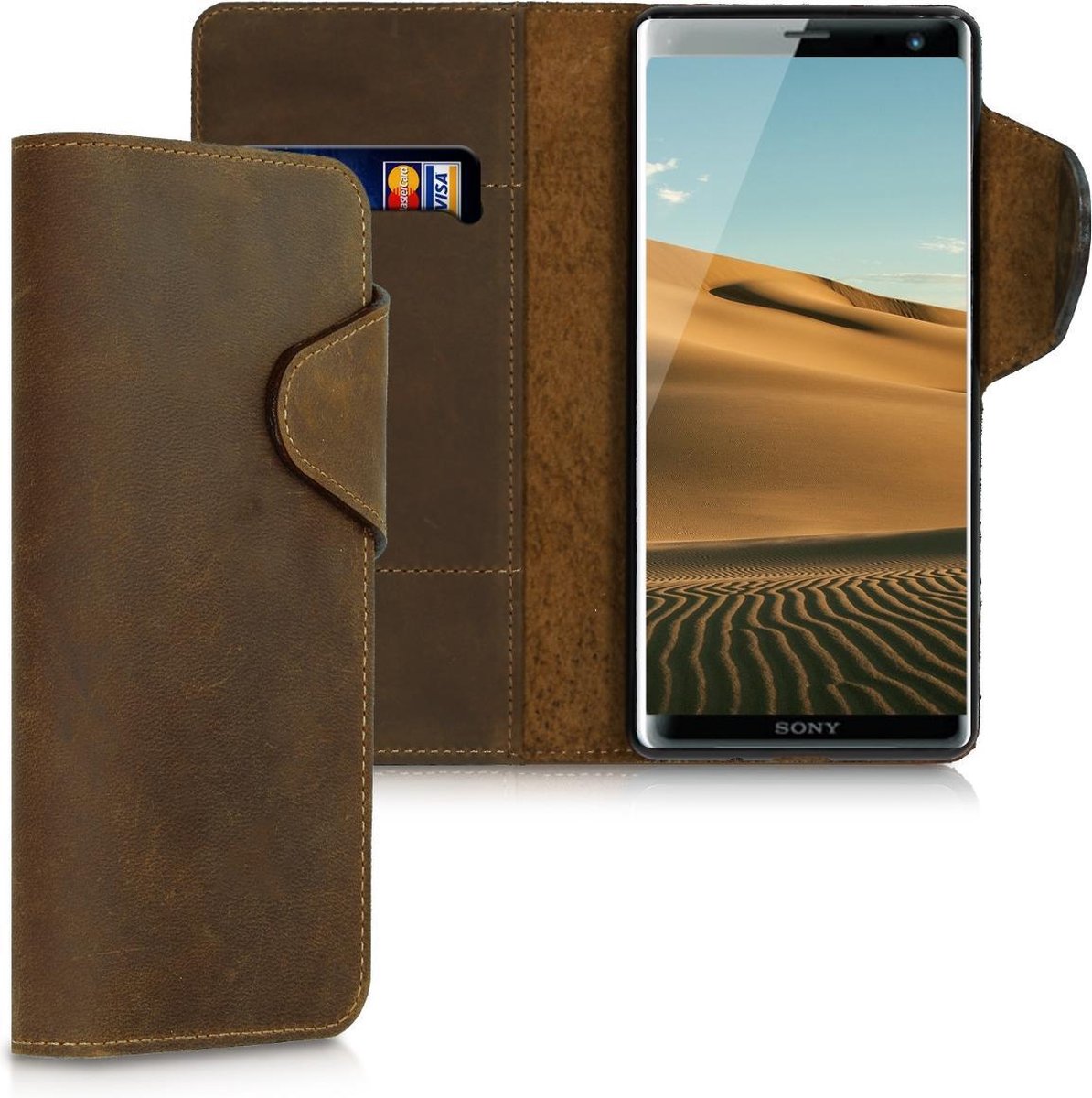 kalibri telefoonhoesje voor Sony Xperia XZ3 - Hoesje met pasjeshouder en standaard - bruin - Wallet case