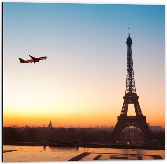 Dibond - Uitzicht over Parijs met Eiffeltoren - 50x50cm Foto op Aluminium (Met Ophangsysteem)