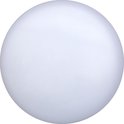 Onderkant van een witte, ronde plafondlamp met merk- en technische details. Inclusief schroeven en pluggen.