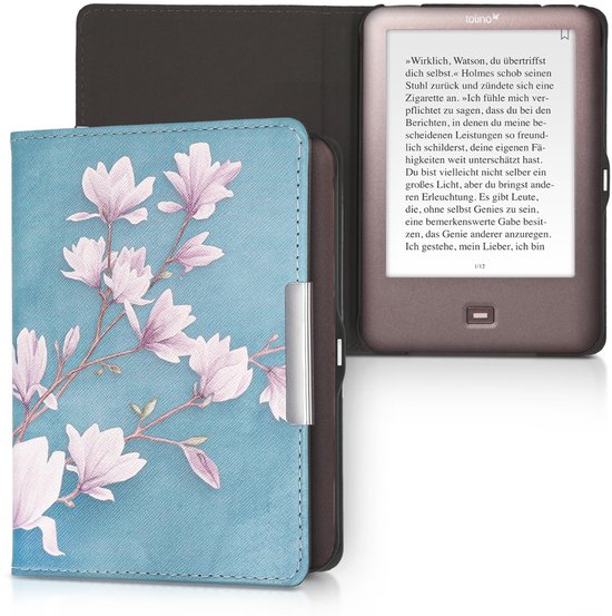 kwmobile e-reader hoesje geschikt voor Tolino Shine (2013) hoes - E reader flip case met magnetische sluiting - Ereader cover - Magnolia design in taupe / wit / blauwgrijs van kwmobile — afbeelding 2
