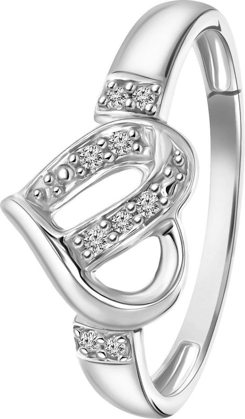 Lucardi Dames Ring hart 9 diamanten 0,05ct - Ring - Cadeau - 14 Karaat Goud - Witgoud