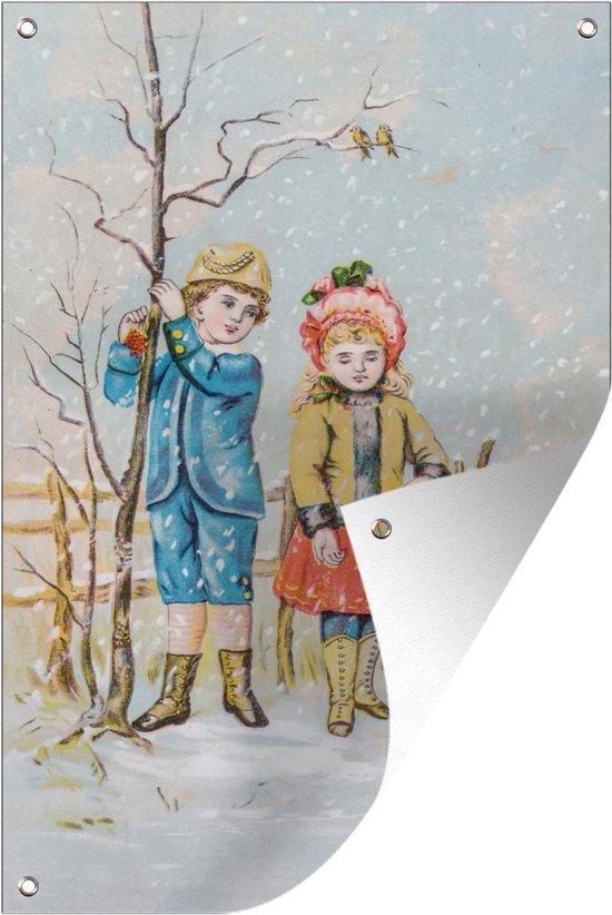 Posters de jardin extérieur Enfants Vintage en hiver - 60x90 cm - Toile de jardin - Affiche d'extérieur