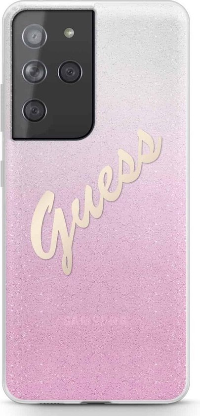 Guess Glitter Vintage Backcase hoesje Samsung S21 Ultra Roze