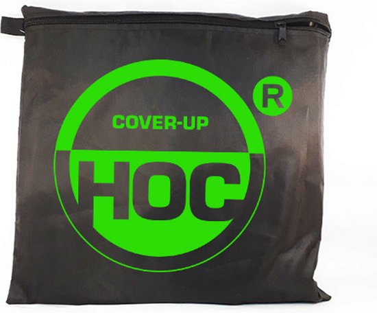 Zwarte opbergtas met grote limegroene HOC COVER-UP logo.