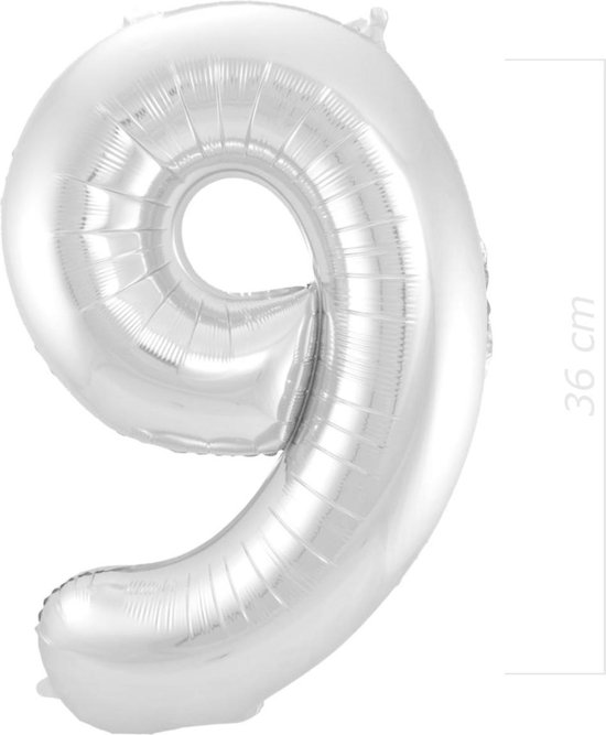 Ballon Cijfer 9 Jaar Zilver 36Cm Verjaardag Feestversiering Met Rietje