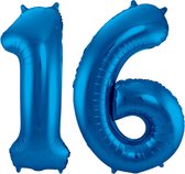 Ballon Cijfer 16 Jaar Blauw 36Cm Verjaardag Feestversiering Met Rietje