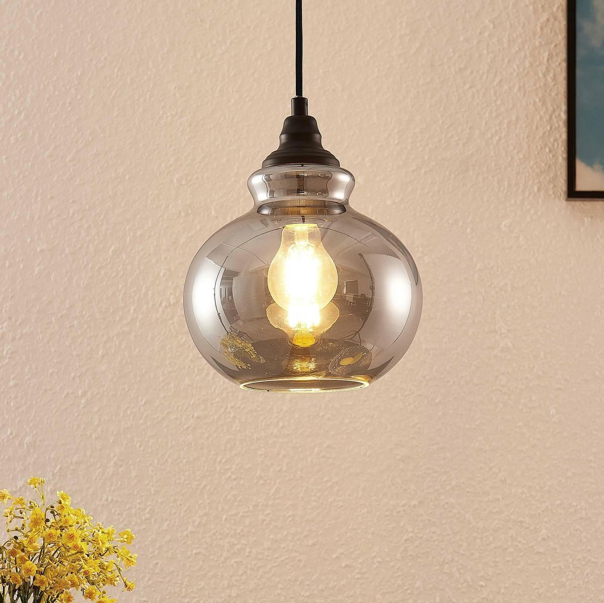 Lindby - hanglamp - 1licht - staal, glas - H: 19.5 cm - E27 - rookgrijs, zwart