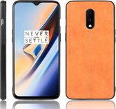 Voor OnePlus 7 schokbestendig naaien koeienpatroon Skin PC + PU + TPU Case (oranje)