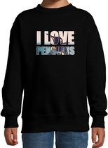 Tekst sweater I love penguins met dieren foto van een pinguin zwart voor kinderen - cadeau trui pinguins liefhebber - kinderkleding / kleding 7-8 jaar (122/128)