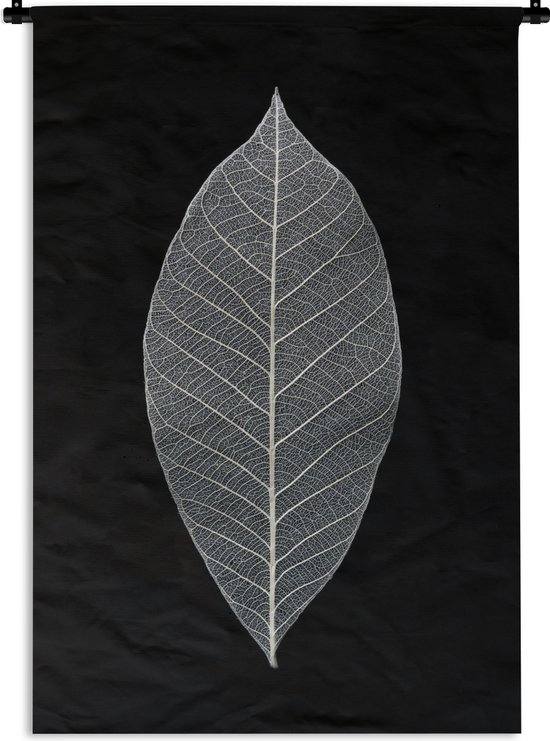 Wandkleed Planten op een zwarte achtergrond - Een afbeelding van een bladskelet in het zwart-wit Wandkleed katoen 90x135 cm - Wandtapijt met foto