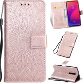 Geperst afdrukken Zonnebloempatroon Horizontale flip PU-lederen tas voor Xiaomi Mi 9T & Mi 9T Pro & Redmi K20 & K20 Pro, met houder & kaartsleuven & portemonnee & draagkoord (rose goud)