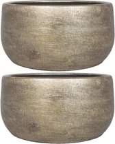 2x stuks bloempot/plantenpot schaal van keramiek in het industrieel goud D29 en H14 cm - Binnen gebruik - Relief afwerking