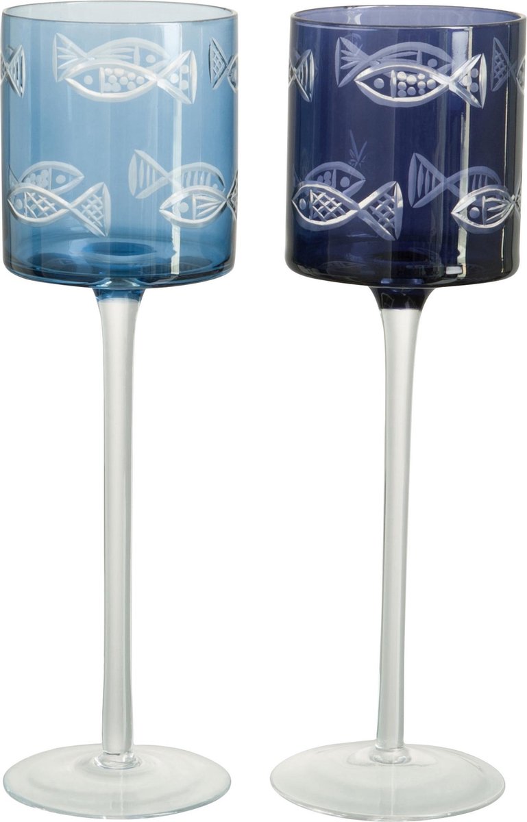 J-Line Theelichthouder Op Voet Vis Glas Donkerblauw/Lichtblauw Large Assortiment Van 2