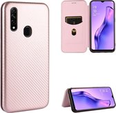 Voor OPPO A8 / A31 (2020) koolstofvezel textuur magnetische horizontale flip TPU + pc + PU lederen tas met kaartsleuf (roze)