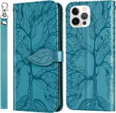 Life of Tree Embossing Pattern Horizontale flip lederen hoes met houder & kaartsleuf & portemonnee & fotolijst & lanyard voor iPhone 12/12 Pro (meerblauw)