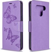 Voor LG K51 Twee vlinders Embossing patroon Horizontale flip lederen tas met houder & kaartsleuf & portemonnee & lanyard (paars)