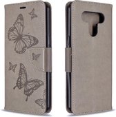 Voor LG K51 Two Butterflies Embossing Pattern Horizontale Flip Leather Case met houder & kaartsleuf & portemonnee & lanyard (grijs)