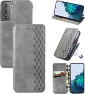 Voor Samsung Galaxy S21 + 5G Cubic Grid Pressed Horizontal Flip Magnetic PU Leather Case met houder & kaartsleuven & portemonnee (grijs)