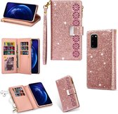 Voor Samsung Galaxy S20 + Multi-card slots Sterrenhemel Laser Carving Glitter Rits Horizontale Flip lederen tas met houder & Portemonnee & Lanyard (Rose Gold)