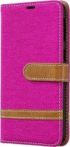 Kleurafstemming Denim Texture Leather Case voor Galaxy A40, met houder & kaartsleuven & portemonnee & lanyard (roze rood)