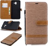 Leren hoesje in bijpassende denimtextuur voor Galaxy J6 + en J6 Prime, met houder en kaartsleuven en portemonnee en lanyard (bruin)