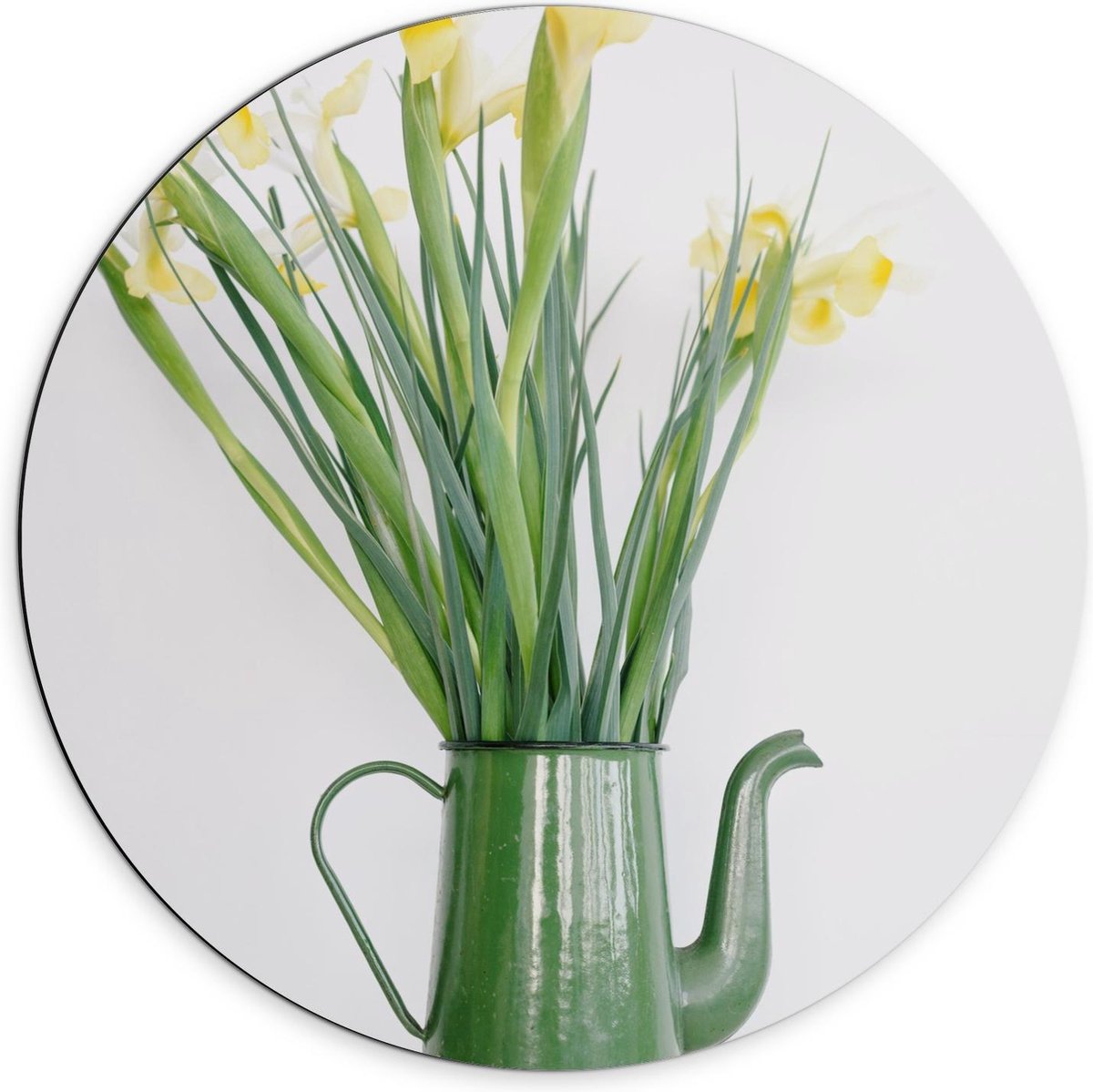 Dibond Wandcirkel - Groene Gieter met Bloemetjes - 70x70cm Foto op Aluminium Wandcirkel (m