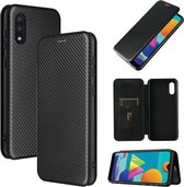 Voor Samsung Galaxy A02 / M02 koolstofvezel textuur magnetische horizontale flip TPU + pc + PU lederen tas met kaartsleuf (zwart)