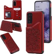 Voor Samsung Galaxy S20 bloem reliëf patroon schokbestendig beschermhoes met houder & kaartsleuven & fotolijst (rood)