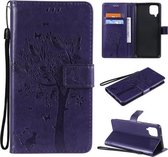 Voor Samsung Galaxy A12 Tree & Cat Pattern Pressed Printing Horizontale Flip PU lederen tas met houder & kaartsleuven & portemonnee & lanyard (paars)