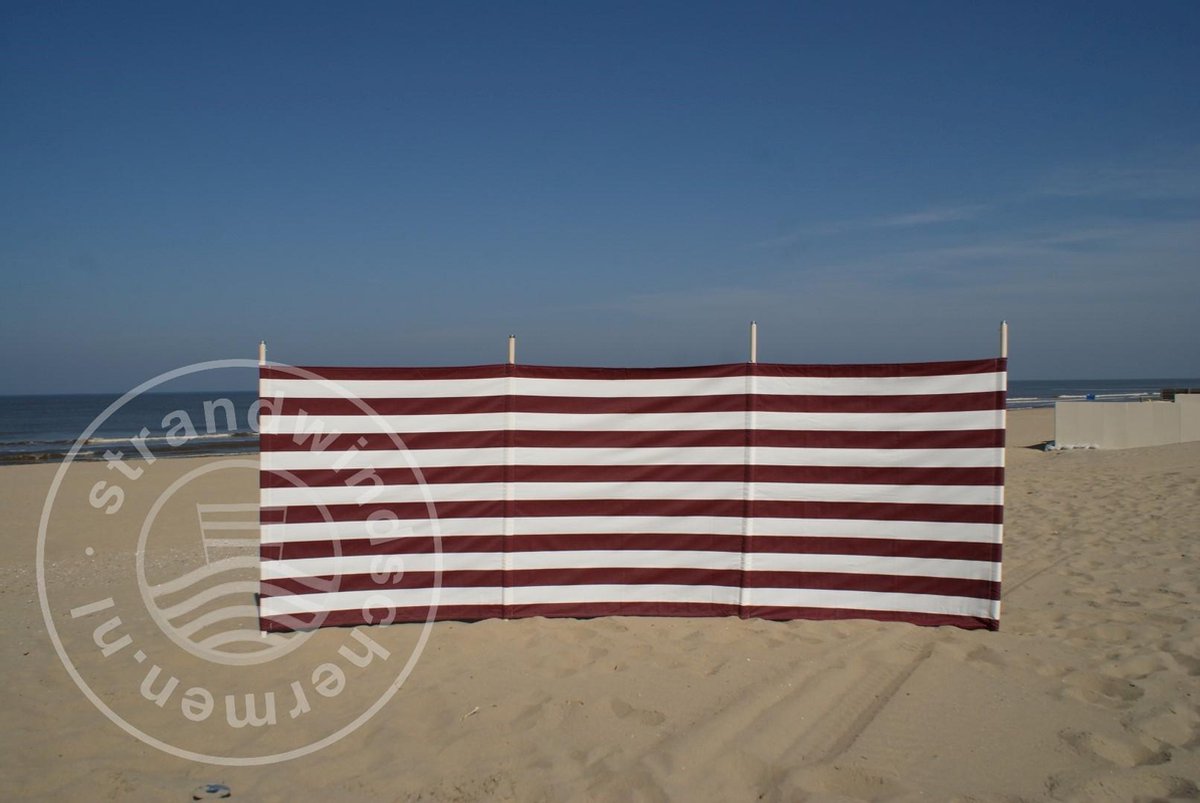 Goedkoopste Strand Windscherm 4 meter dralon Bordeaux / Wit met houten stokken