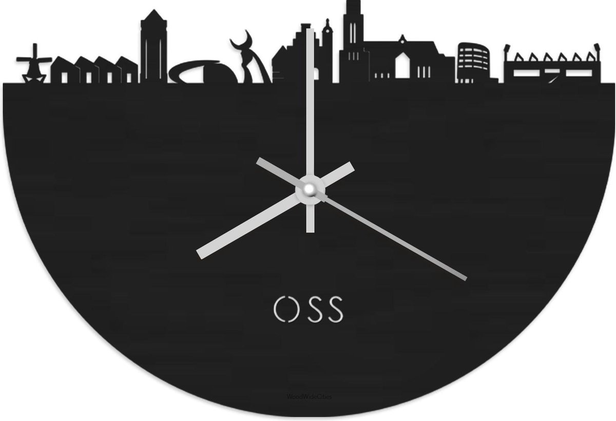 Skyline Klok Oss Zwart hout - Ø 40 cm - Stil uurwerk - Wanddecoratie - Meer steden beschikbaar - Woonkamer idee - Woondecoratie - City Art - Steden kunst - Cadeau voor hem - Cadeau voor haar - Jubileum - Trouwerij - Housewarming - WoodWideCities