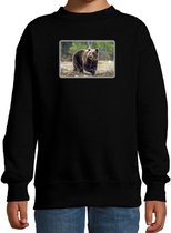 Dieren sweater met beren foto - zwart - voor kinderen - natuur / beer cadeau trui - kleding / sweat shirt 3-4 jaar (98/104)
