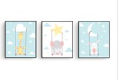 Poster Set 3 Giraf Konijntje Olifant op de Schommel Wolk Maan Ster  - Kinderkamer - Dieren Poster - Babykamer / Kinderposter - Babyshower Cadeau - Muurdecoratie - 70x50cm - Posterc