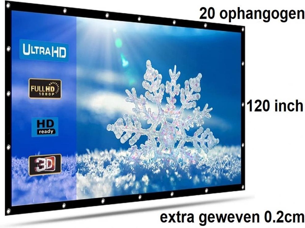 Beamer scherm projectiescherm 120 inch 16:9, dichter geweven >> 560 gram met 20 ophangogen, beamersc