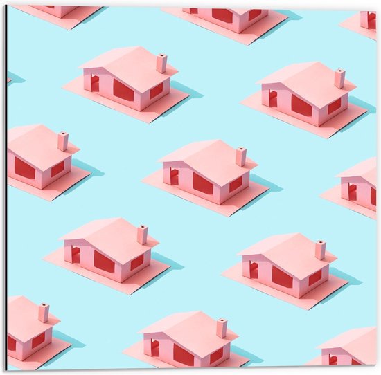 Dibond - Roze Huisjes met Blauwe Achtergrond - 50x50cm Foto op Aluminium (Wanddecoratie van metaal)
